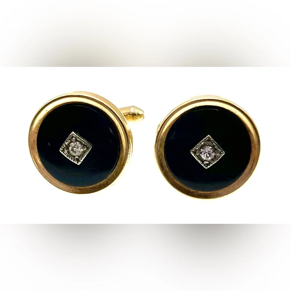 Vintage Gold Tone Cufflinks Black Lucite with Faceted Crystal Center